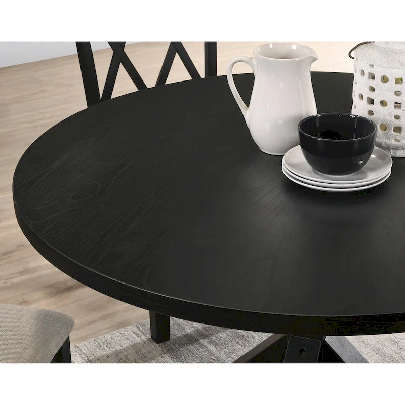 Table de salle à manger en bois massif à piètement en croix, finition noire