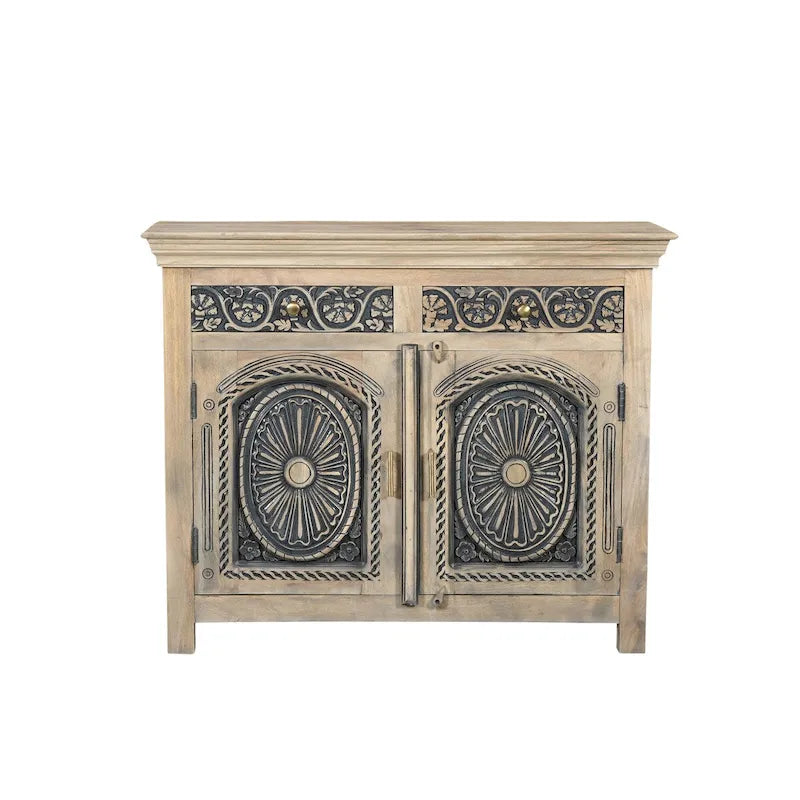 Handcrafted Carved Solid Mango Wood Sideboard with Brass Accents Beige Two-Tone