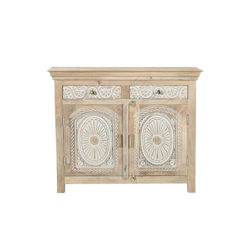 Handcrafted Carved Solid Mango Wood Sideboard with Brass Accents Beige Two-Tone