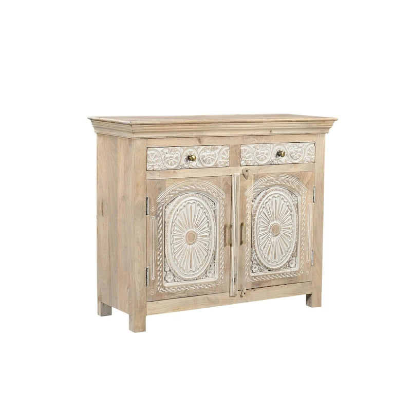 Handcrafted Carved Solid Mango Wood Sideboard with Brass Accents Beige Two-Tone