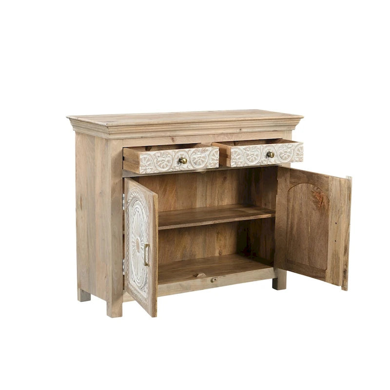 Handcrafted Carved Solid Mango Wood Sideboard with Brass Accents Beige Two-Tone