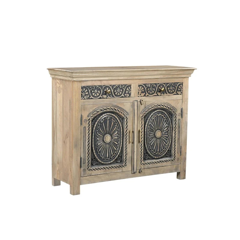 Handcrafted Carved Solid Mango Wood Sideboard with Brass Accents Beige Two-Tone
