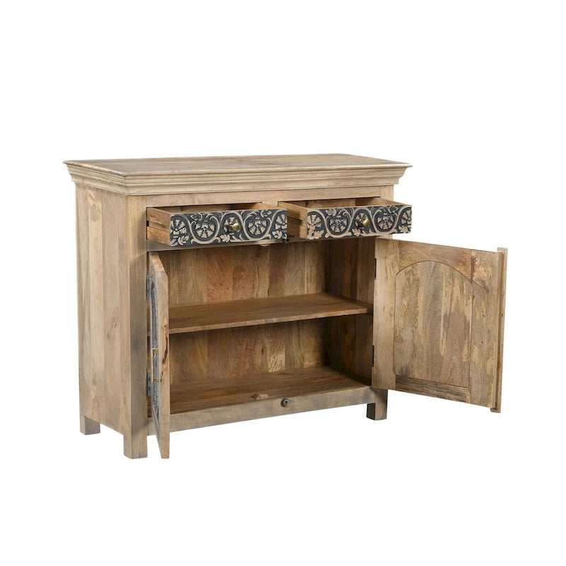 Buffet en bois de manguier massif sculpté artisanalement avec accents en laiton, beige bicolore