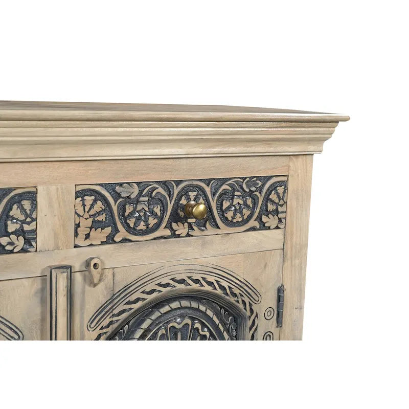 Buffet en bois de manguier massif sculpté artisanalement avec accents en laiton, beige bicolore