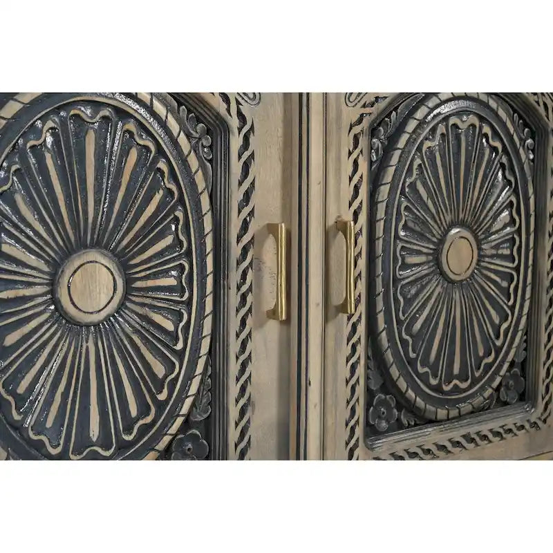 Buffet en bois de manguier massif sculpté artisanalement avec accents en laiton, beige bicolore