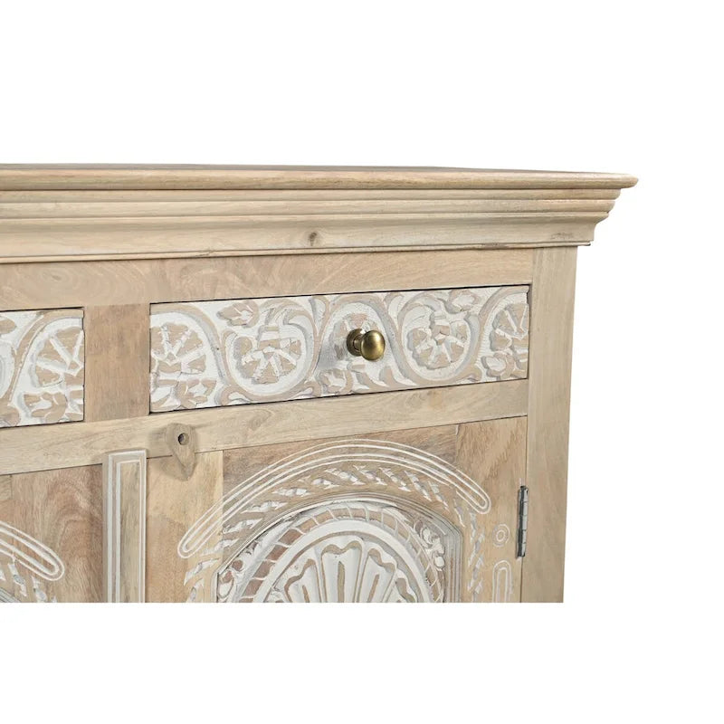 Buffet en bois de manguier massif sculpté artisanalement avec accents en laiton, beige bicolore