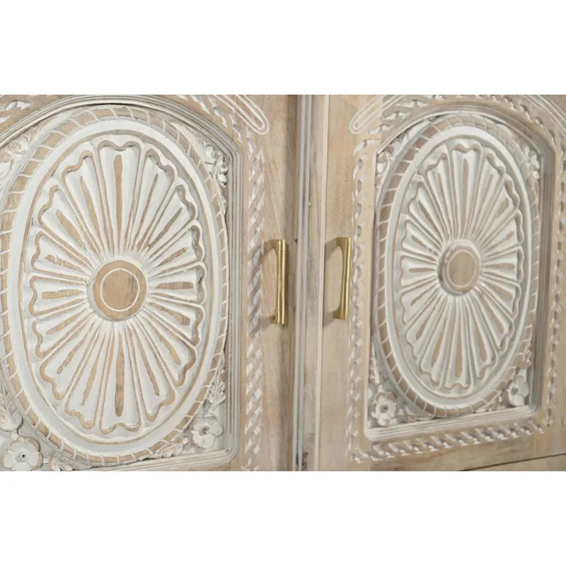 Buffet en bois de manguier massif sculpté artisanalement avec accents en laiton, beige bicolore