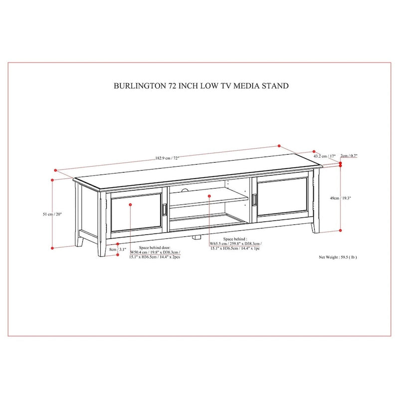 72-Inch Solid Wood Low Profile TV Stand with Storage Mahogany Brown
