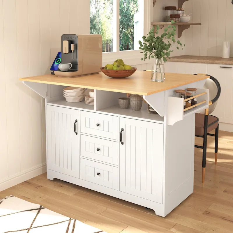 Farmhouse Kitchen Island Cart with Drop Leaf, Open Shelves, 3 Drawers, Rolling Wheels, White