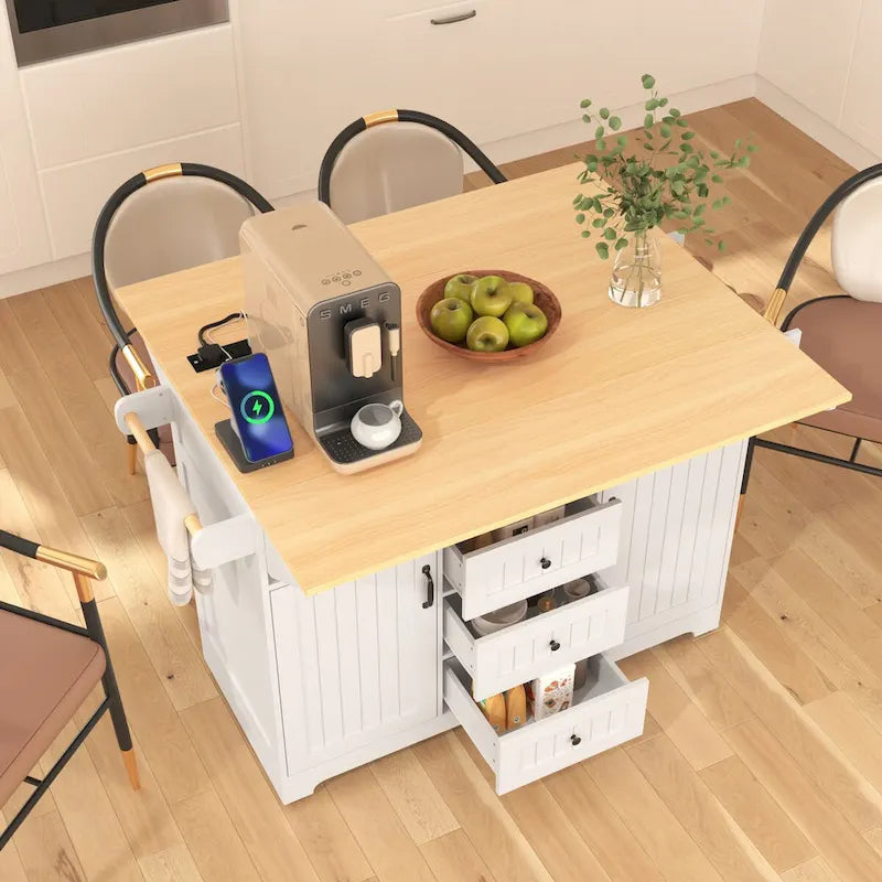 Farmhouse Kitchen Island Cart with Drop Leaf, Open Shelves, 3 Drawers, Rolling Wheels, White
