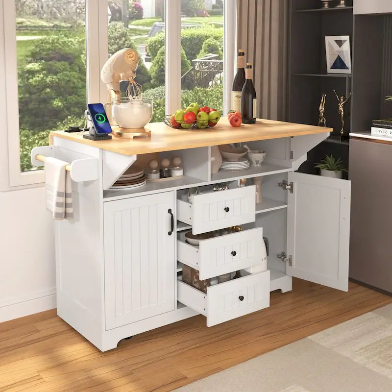 Farmhouse Kitchen Island Cart with Drop Leaf, Open Shelves, 3 Drawers, Rolling Wheels, White