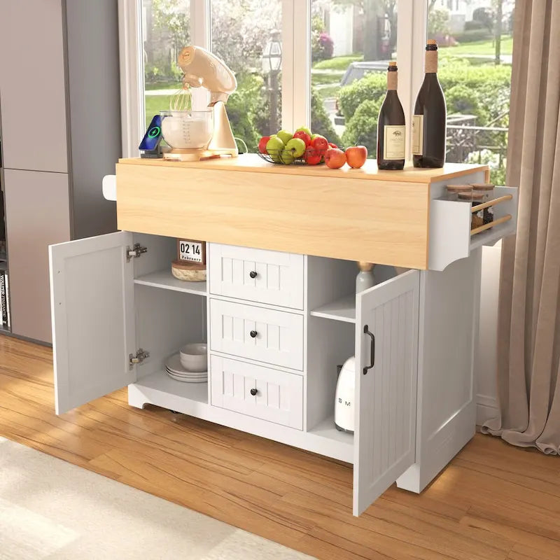 Farmhouse Kitchen Island Cart with Drop Leaf, Open Shelves, 3 Drawers, Rolling Wheels, White