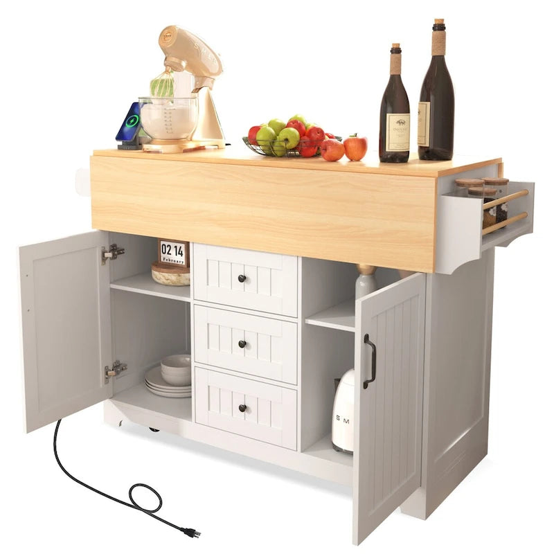 Îlot de cuisine de ferme avec abattant, étagères ouvertes, 3 tiroirs, roulettes, blanc
