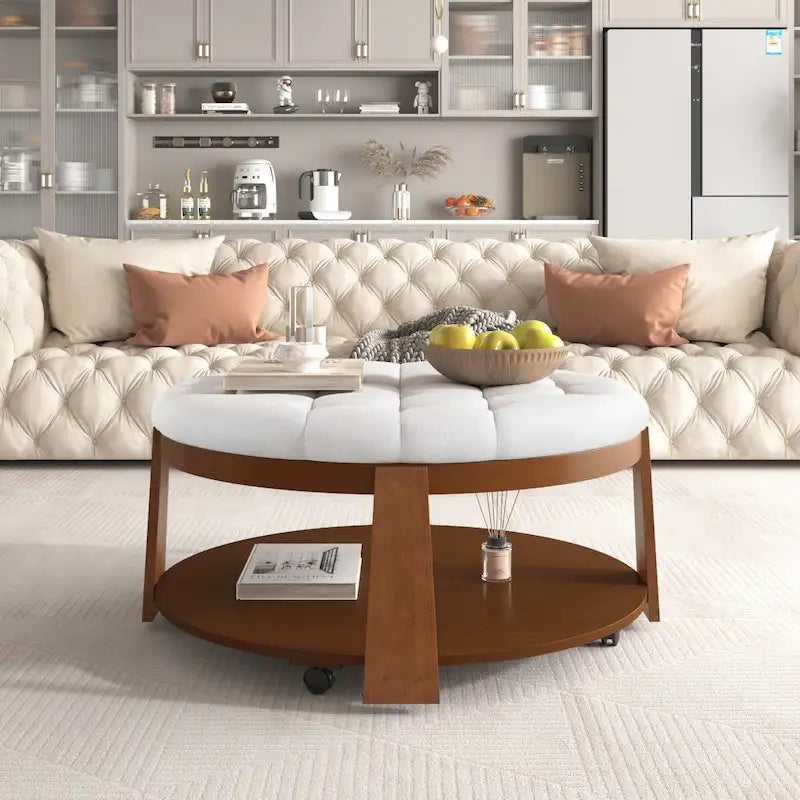 Round Tufted Upholstered Ottoman Coffee Table with Lower Shelf and Casters, Ivory White & Black