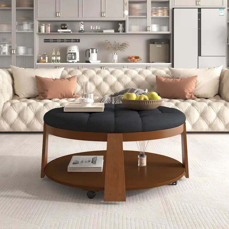 Round Tufted Upholstered Ottoman Coffee Table with Lower Shelf and Casters, Ivory White & Black