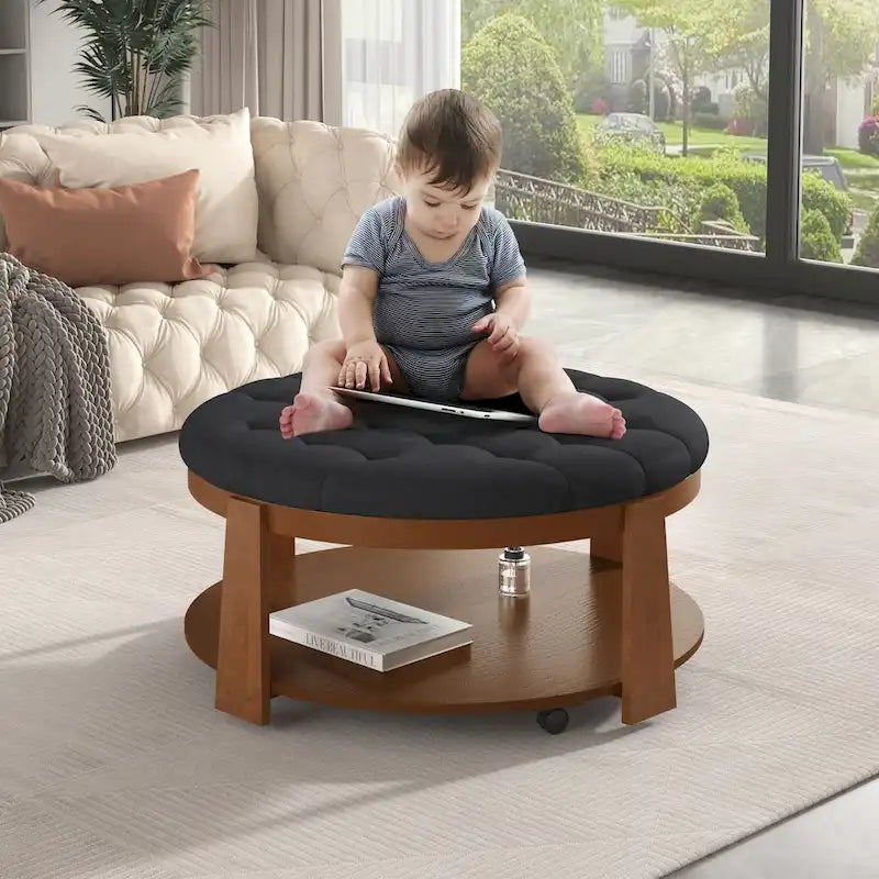 Round Tufted Upholstered Ottoman Coffee Table with Lower Shelf and Casters, Ivory White & Black