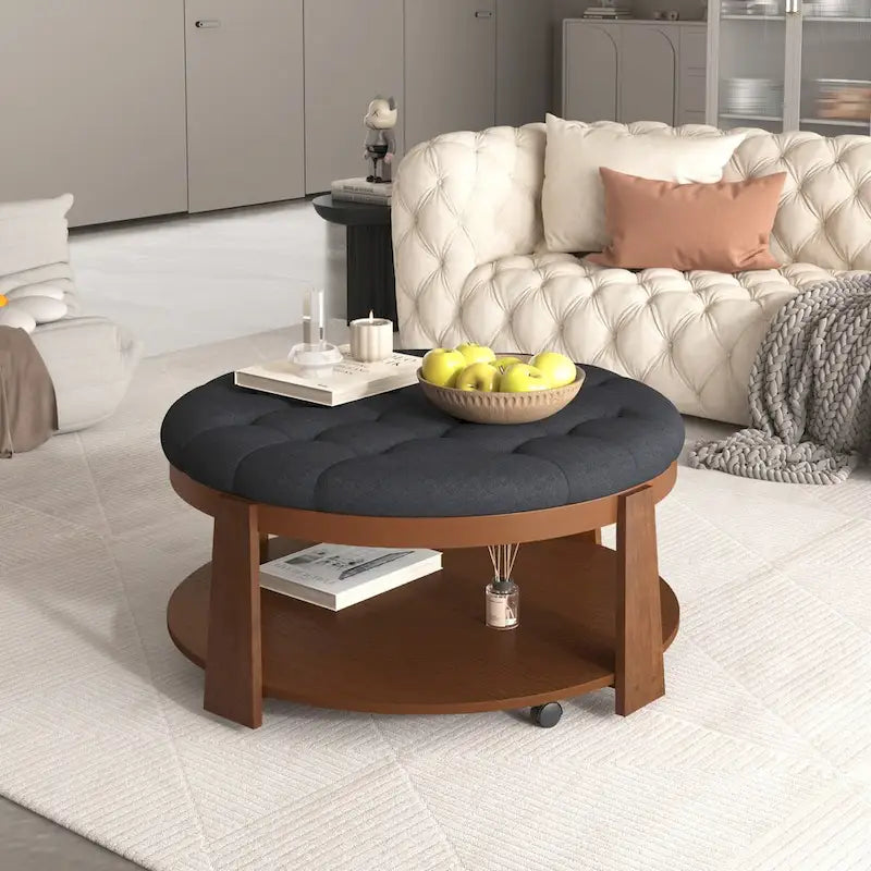 Round Tufted Upholstered Ottoman Coffee Table with Lower Shelf and Casters, Ivory White & Black