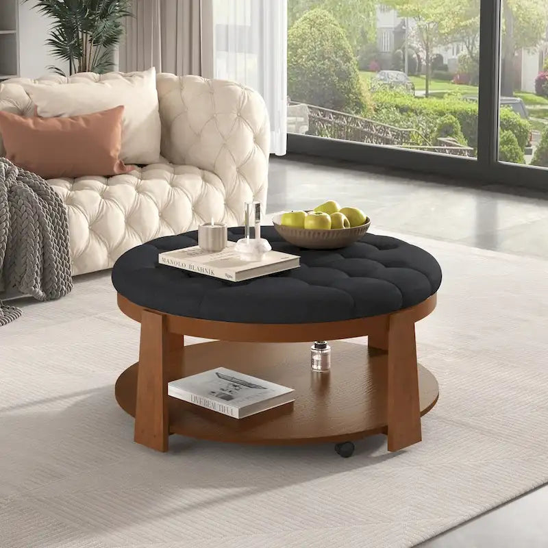 Round Tufted Upholstered Ottoman Coffee Table with Lower Shelf and Casters, Ivory White & Black