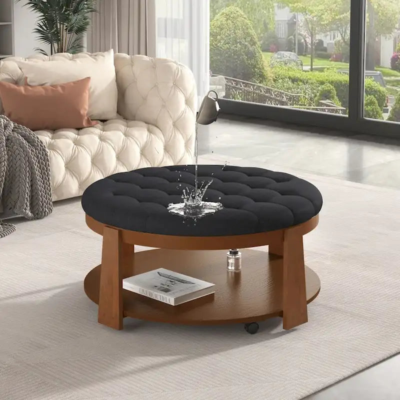 Round Tufted Upholstered Ottoman Coffee Table with Lower Shelf and Casters, Ivory White & Black