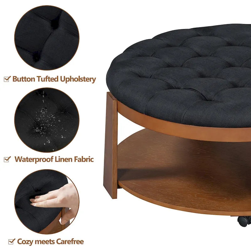Table basse pouf capitonnée ronde avec étagère inférieure et roulettes, blanc ivoire et noir