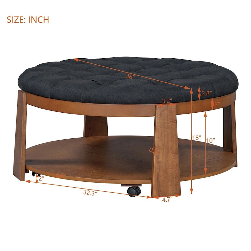 Table basse pouf capitonnée ronde avec étagère inférieure et roulettes, blanc ivoire et noir