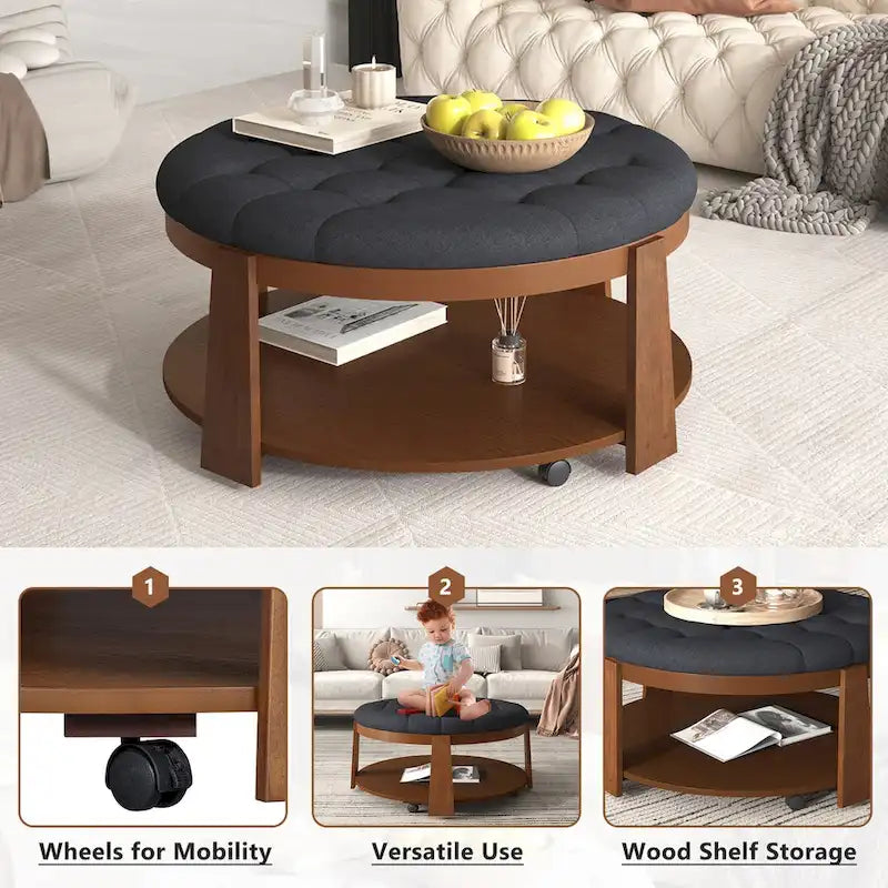 Table basse pouf capitonnée ronde avec étagère inférieure et roulettes, blanc ivoire et noir