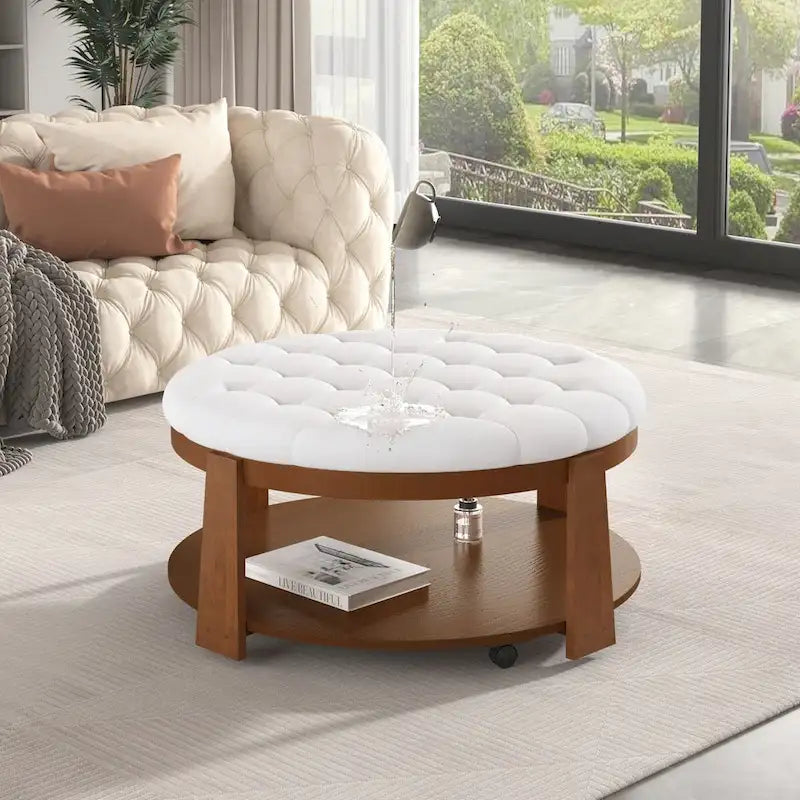 Table basse pouf capitonnée ronde avec étagère inférieure et roulettes, blanc ivoire et noir