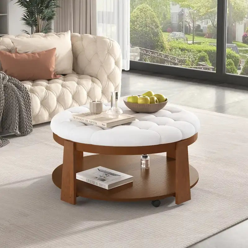 Table basse pouf capitonnée ronde avec étagère inférieure et roulettes, blanc ivoire et noir