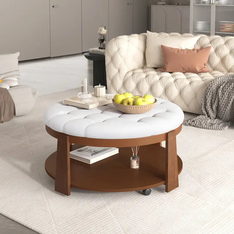 Table basse pouf capitonnée ronde avec étagère inférieure et roulettes, blanc ivoire et noir