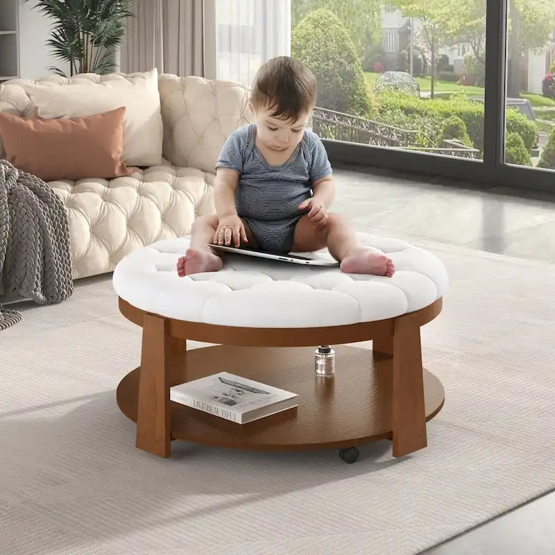 Table basse pouf capitonnée ronde avec étagère inférieure et roulettes, blanc ivoire et noir