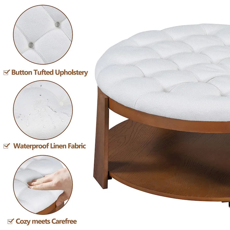 Table basse pouf capitonnée ronde avec étagère inférieure et roulettes, blanc ivoire et noir