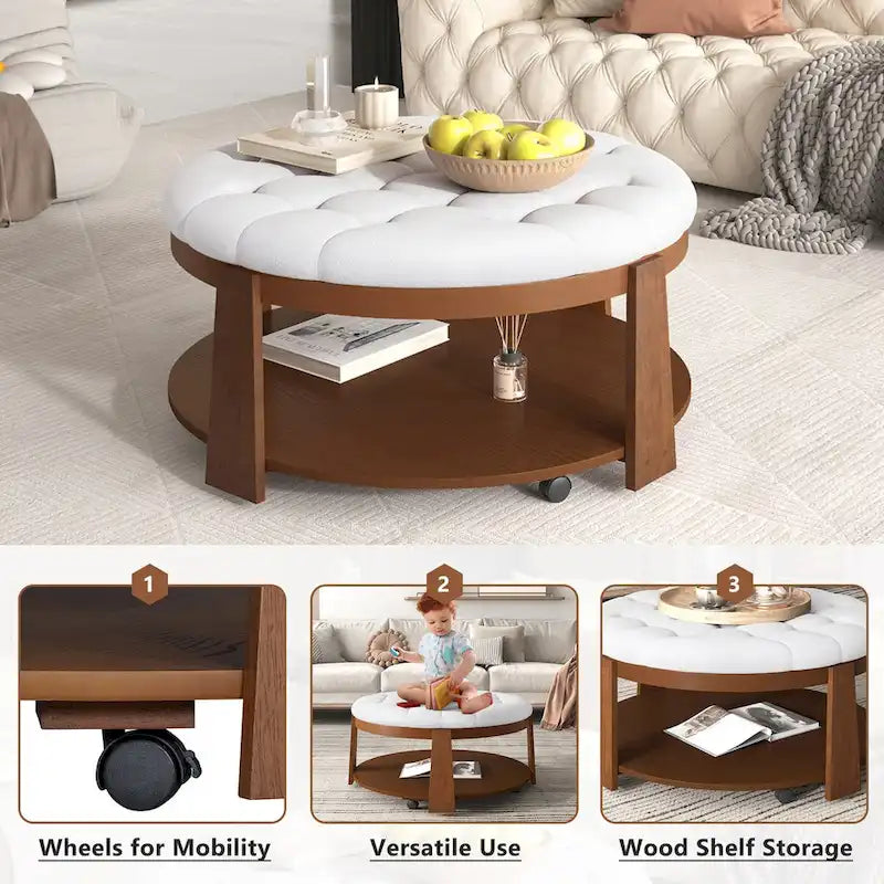 Table basse pouf capitonnée ronde avec étagère inférieure et roulettes, blanc ivoire et noir