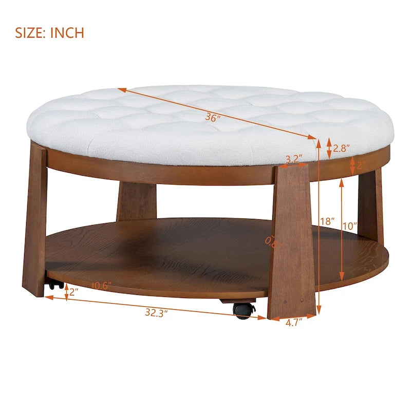 Table basse pouf capitonnée ronde avec étagère inférieure et roulettes, blanc ivoire et noir